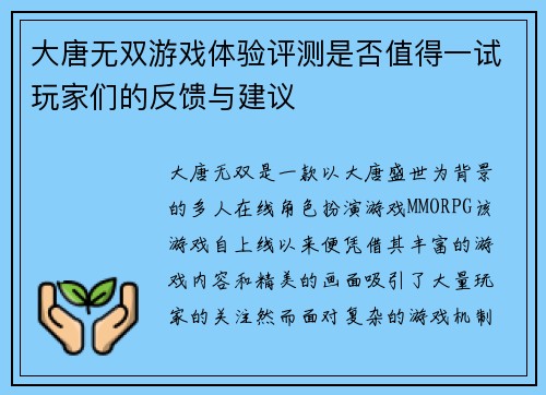 大唐无双游戏体验评测是否值得一试玩家们的反馈与建议