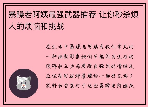 暴躁老阿姨最强武器推荐 让你秒杀烦人的烦恼和挑战